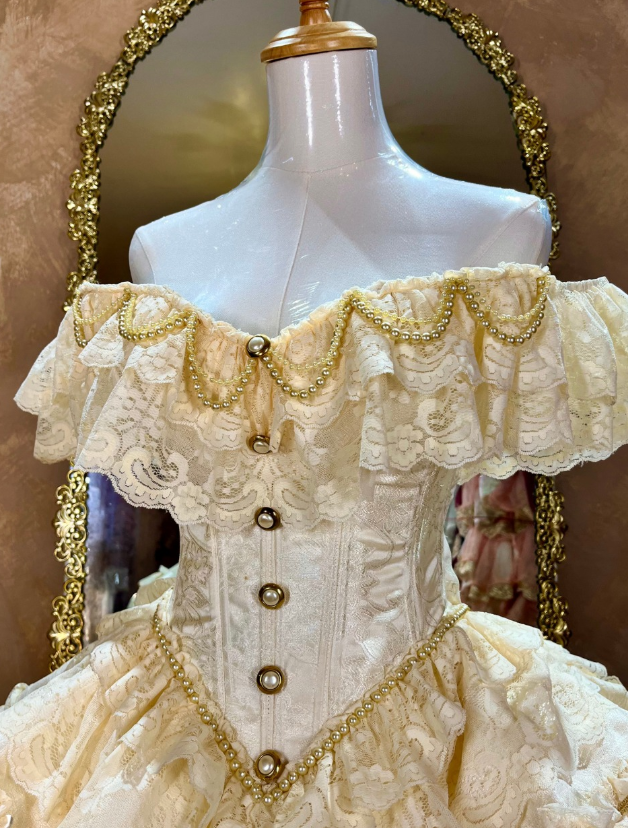 Apricot Ball Gown Off the Shoulder Layered Lace Satin 16th Birthday Dress Quinceanera Dress DP4439