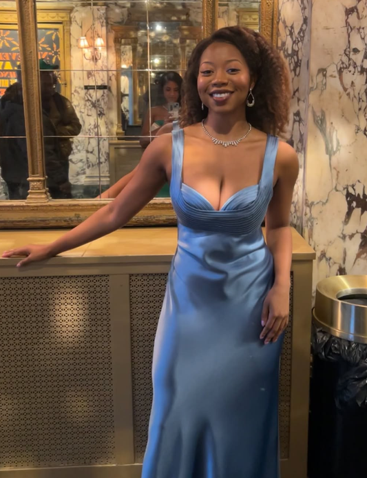 Elegant A Line Strap Blue Satin Long Prom Dress Evening Dress DP1705