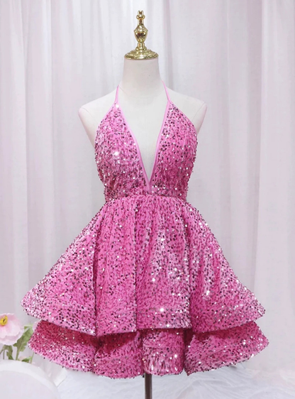 Pink Sequins Sexy Deep V-Neck Backless Homecoming Dress Short Prom Dress DP281