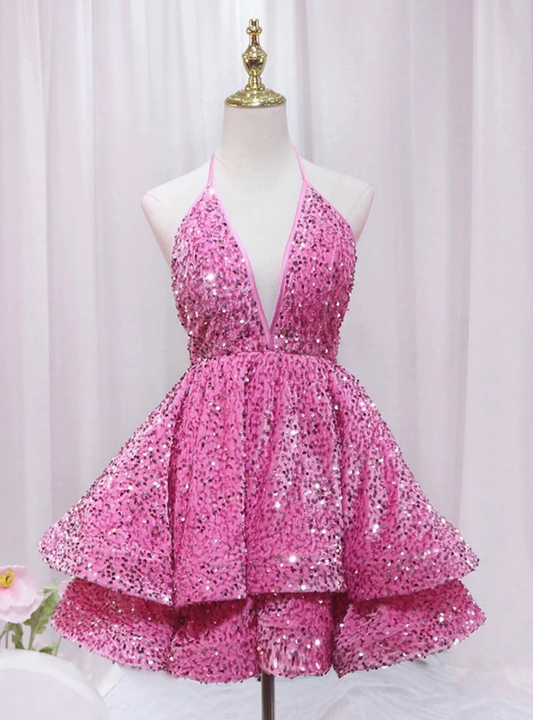 Pink Sequins Sexy Deep V-Neck Backless Homecoming Dress Short Prom Dress DP281