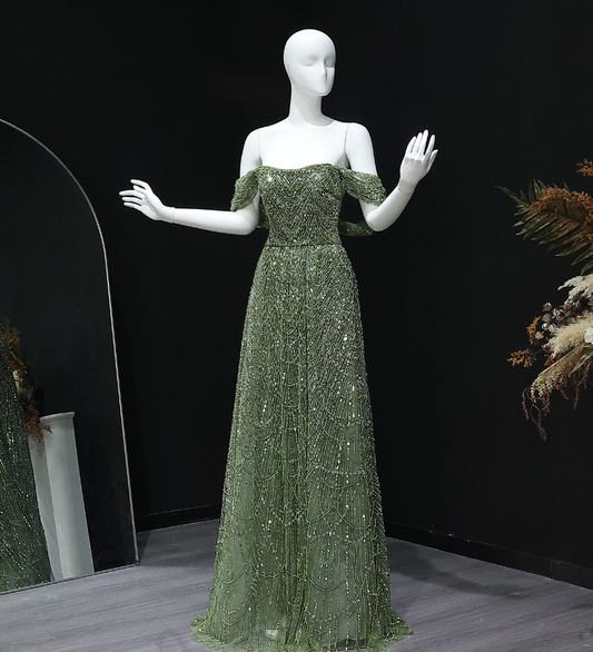 Gorgeous A Line Off the Shoulder Beaded Green Tulle Prom Dress Evening Dress DP1922