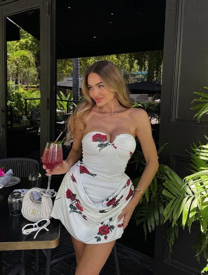 Cute Sheath Strapless Print Floral Satin Short Homecoming Dress Birthday Dress DP1461