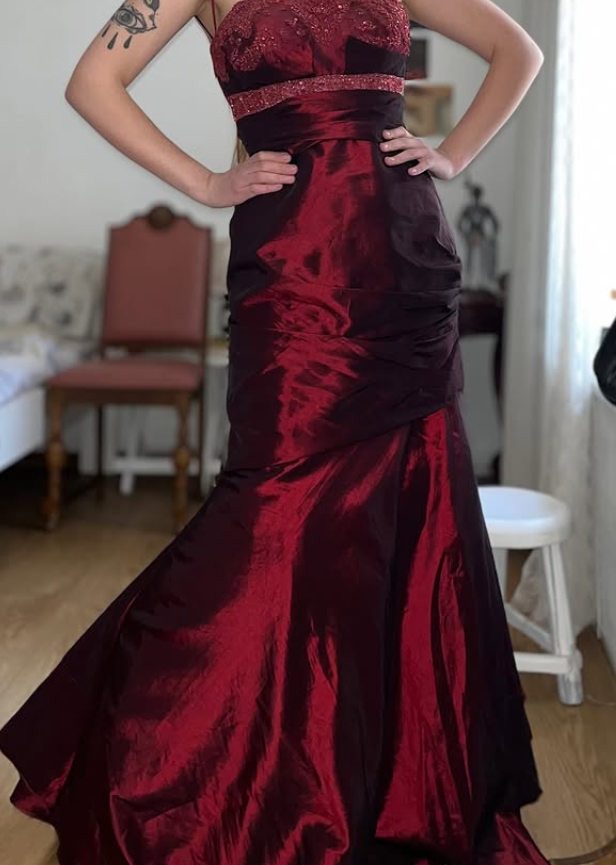 Vintage Burgundy Mermaid Strapless Beaded Satin Prom Dress Evening Dress Date Dress DP5702