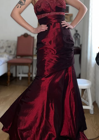 Vintage Burgundy Mermaid Strapless Beaded Satin Prom Dress Evening Dress Date Dress DP5702