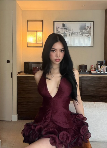 Sweety Burgundy Line V Neck Tulle Short Homecoming Dress Outfits DP5119