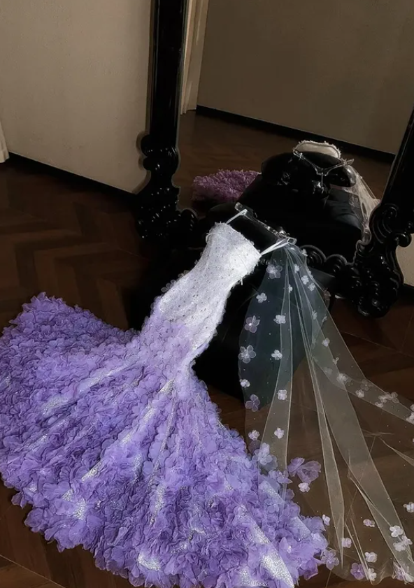 Stunning Purple Rose Mermaid Strapless Sequin Beaded Tulle Prom Dress DP4632