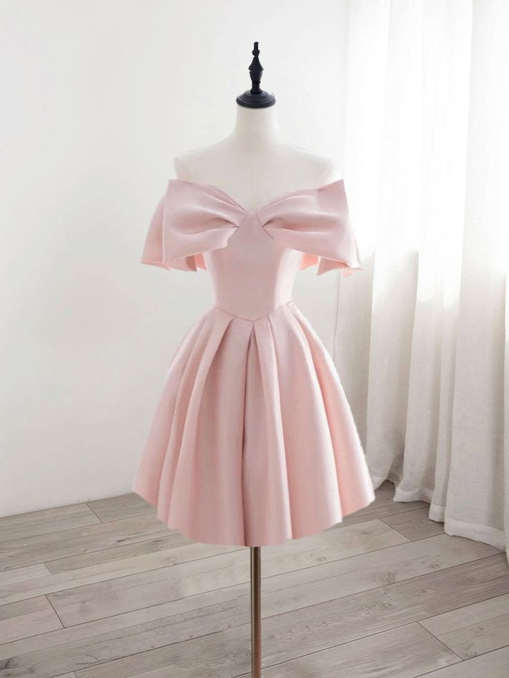 Cute Pink Bow Off Shoulder Satin Short Prom Dress Homecoming Dress DP536