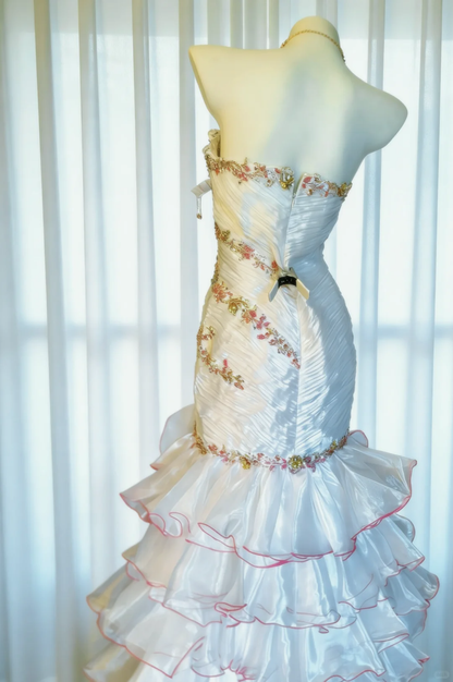 Stunning Vintage Mermaid Strapless Beaded Layered White Satin Prom Dress Evening Dress DP4727