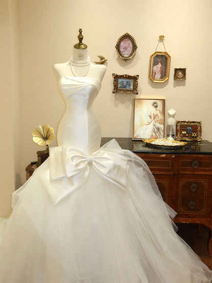 High-class Mermaid Strapless White Tulle Satin Long Prom Dress Wedding Dress DP7041