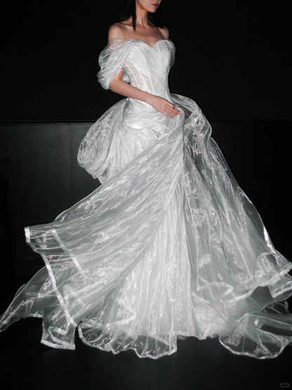 Flowy Unique A Line Off the Shoulder White Organza Wedding Dress DP5301