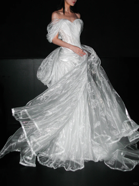 Flowy Unique A Line Off the Shoulder White Organza Wedding Dress DP5301