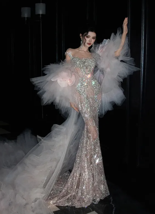 Shiny Mermaid Exquisite Beaded Sequin Tulle Long Sweep Prom Dress DP5037
