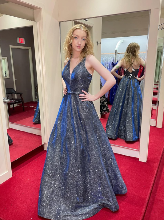 Charming A Line V Neck Navy Blue Sequin Open Back Prom Dress Evening Dress DP1654