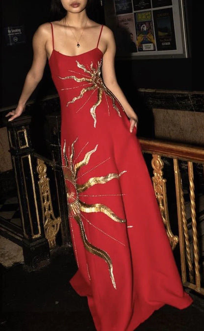 Chic A Line Spaghetti Straps Gold Embroidery Red Satin Prom Dress Evening Dress DP1469