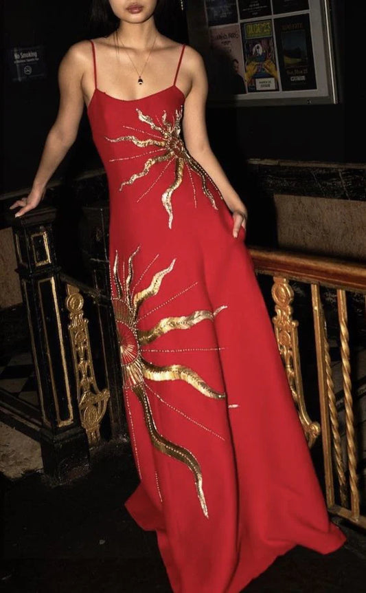 Chic A Line Spaghetti Straps Gold Embroidery Red Satin Prom Dress Evening Dress DP1469
