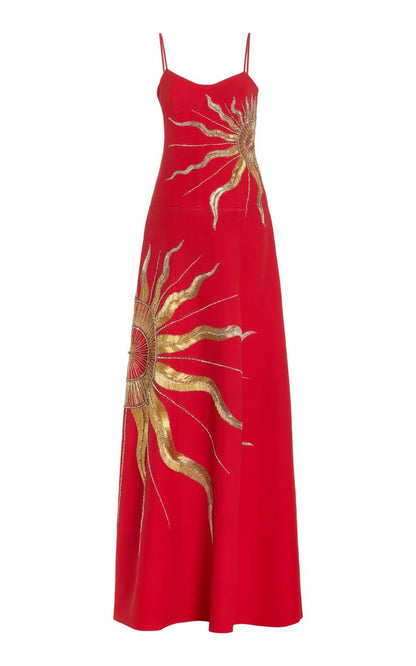 Chic A Line Spaghetti Straps Gold Embroidery Red Satin Prom Dress Evening Dress DP1469