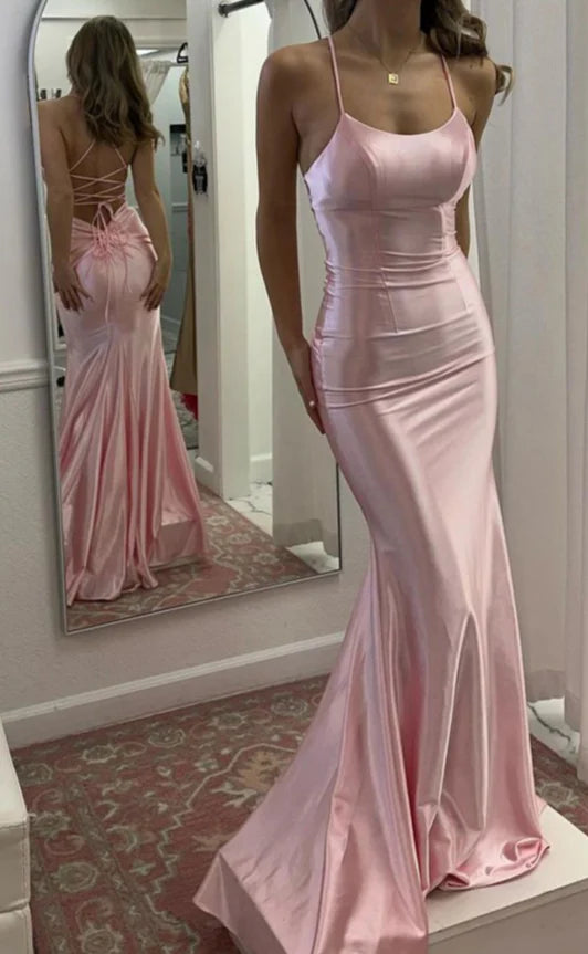 Elegant Mermaid Spaghetti Strap Light Pink Satin Long Prom Dress Evening Dress DP1710