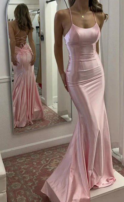Elegant Mermaid Spaghetti Strap Light Pink Satin Long Prom Dress Evening Dress DP1710