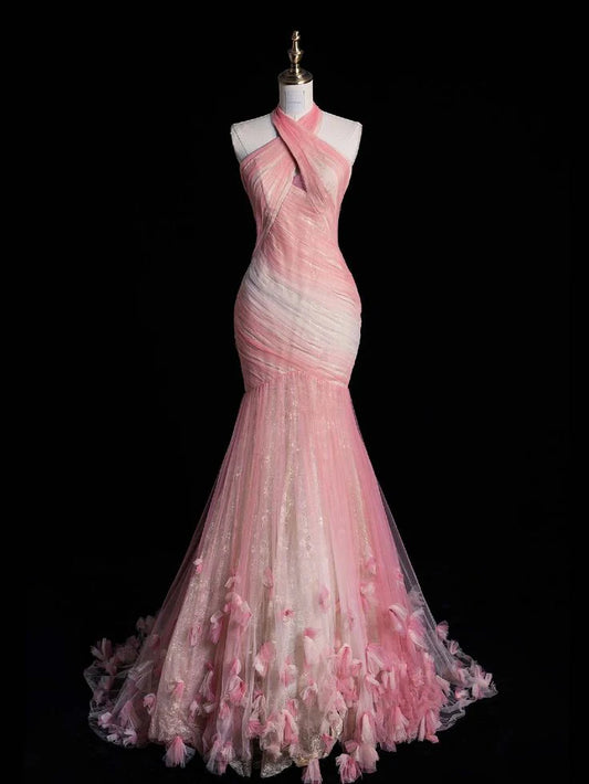 Dreamy Mermaid Halter Feather Pink Tulle Long Prom Dress Evening Dress DP1702