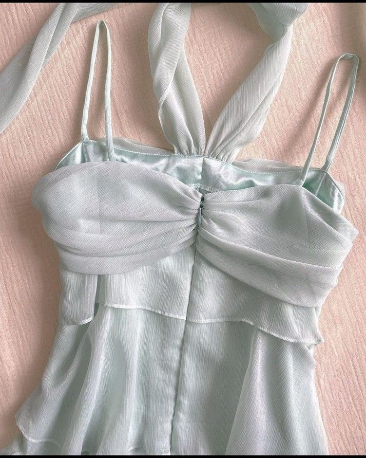 Baby Blue A Line Halter Tiered Chiffon Short Homecoming Dress Birthday Dress DP1752
