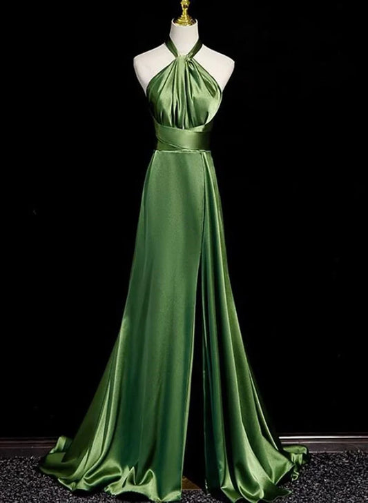 Charming A Line Halter Green Satin Open Back Prom Dress Evening Dress with Slit DP1662