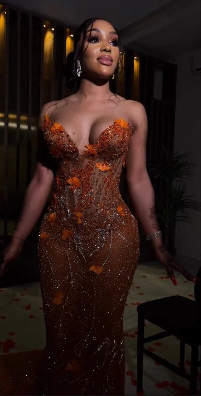 Gorgeous Mermaid Sweetheart Neck Beaded Orange Tulle Prom Dress Evening Dress DP1663