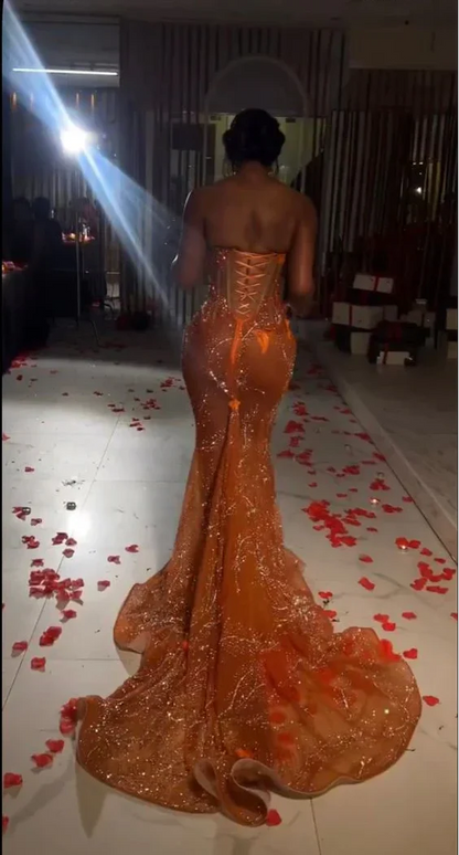Gorgeous Mermaid Sweetheart Neck Beaded Orange Tulle Prom Dress Evening Dress DP1663