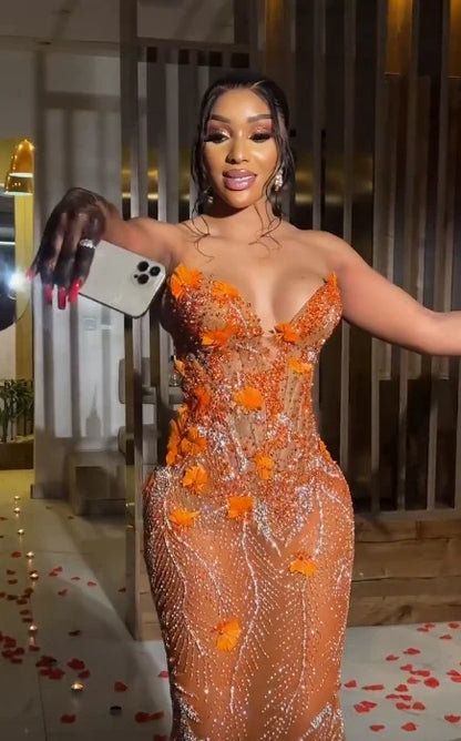 Gorgeous Mermaid Sweetheart Neck Beaded Orange Tulle Prom Dress Evening Dress DP1663