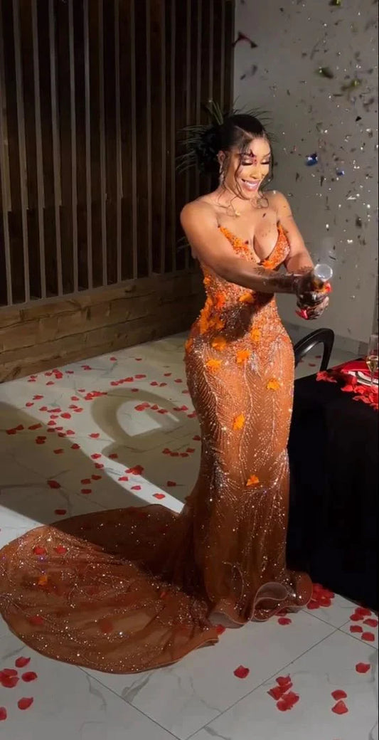 Gorgeous Mermaid Sweetheart Neck Beaded Orange Tulle Prom Dress Evening Dress DP1663