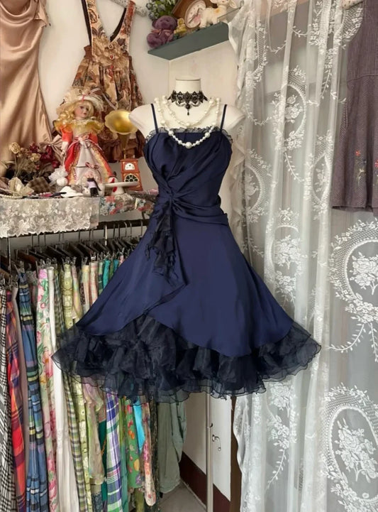 Vintage A Line Spaghetti Strap Navy Blue Satin Short Homecoming Dress Birthday Dress DP1744
