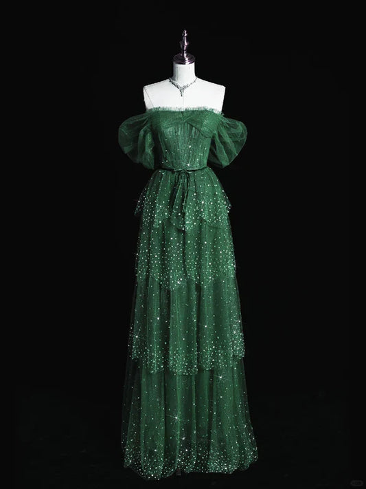 Green A Line Off the Shoulder Tiered Rhinestone Tulle Prom Dress Evening Dress DP1719