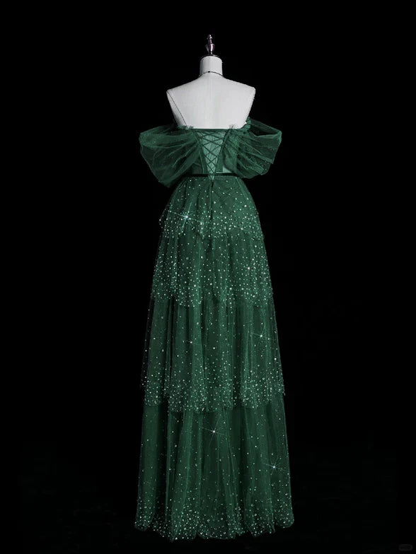 Green A Line Off the Shoulder Tiered Rhinestone Tulle Prom Dress Evening Dress DP1719