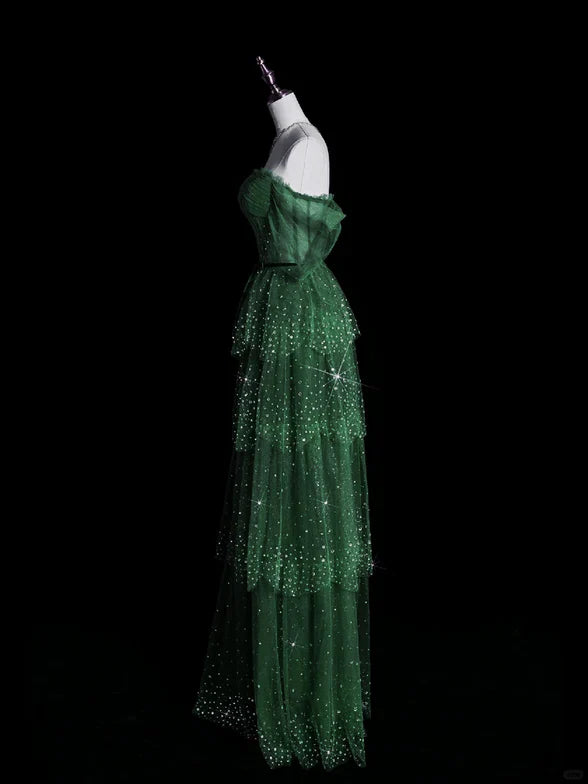 Green A Line Off the Shoulder Tiered Rhinestone Tulle Prom Dress Evening Dress DP1719
