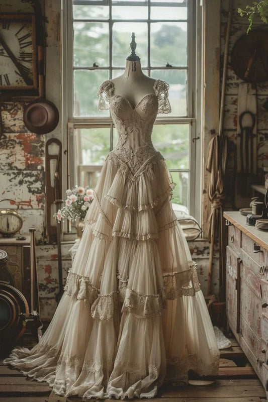 Gorgeous A Line Straps Ivory Lace Chiffon Long Prom Dress Evening Dress DP1704