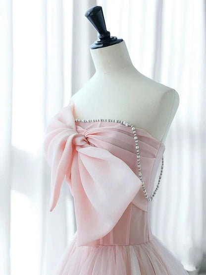 Princess A Line Strapless Pink Tulle Prom Dress Evening Dress with Bow DP1699