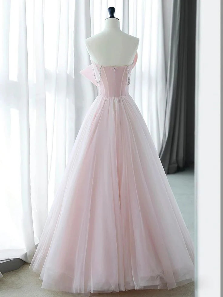 Princess A Line Strapless Pink Tulle Prom Dress Evening Dress with Bow DP1699
