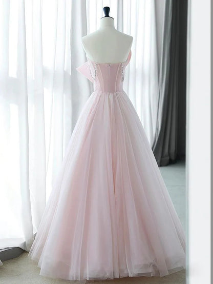 Princess A Line Strapless Pink Tulle Prom Dress Evening Dress with Bow DP1699