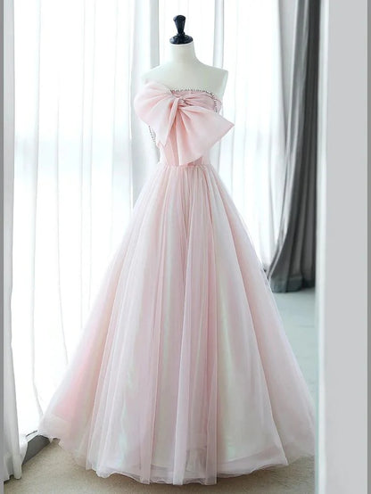Princess A Line Strapless Pink Tulle Prom Dress Evening Dress with Bow DP1699