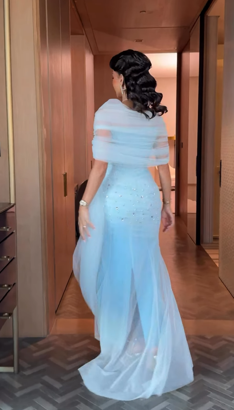 Gentle Blue Mermaid Off the Shoulder Beaded Tulle Prom Dress Evening Dress DP4341