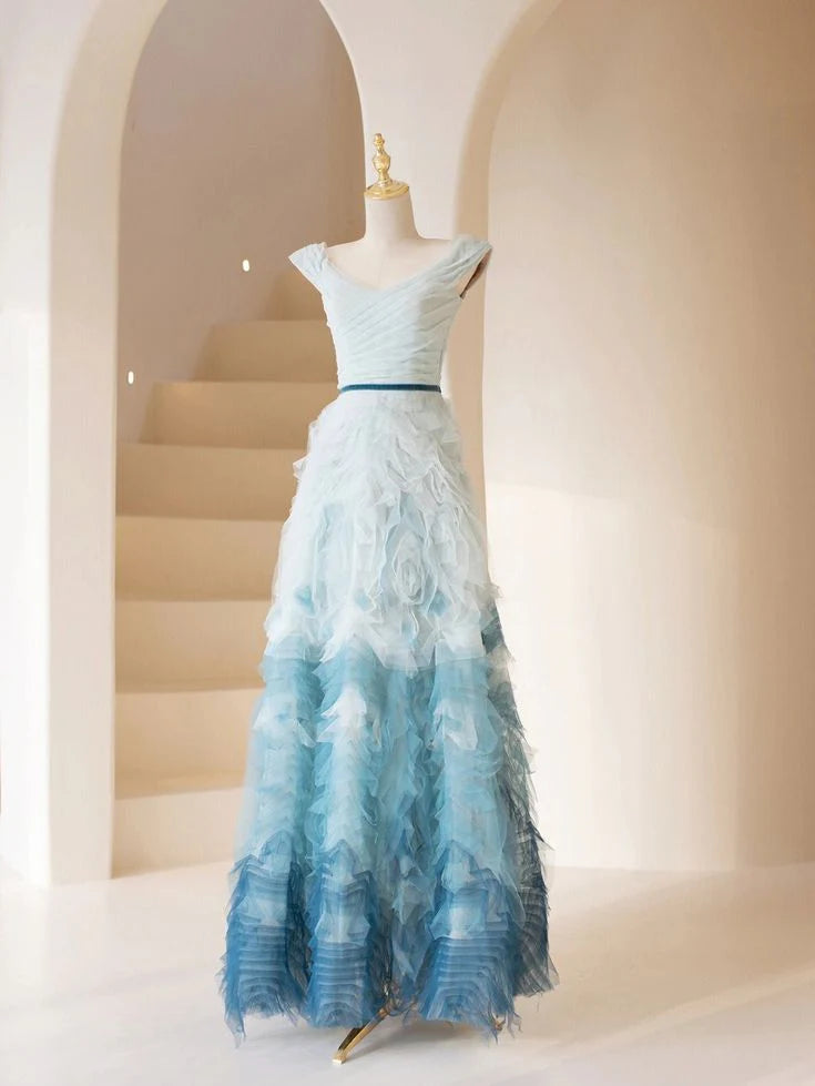 Dreamy A Line Straps Ombre Blue Tulle Long Prom Dress Evening Dress DP1700