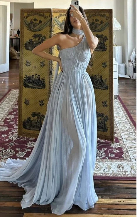 Elegant A Line One Shoulder Baby Blue Chiffon Prom Dress Evening Dress DP1750