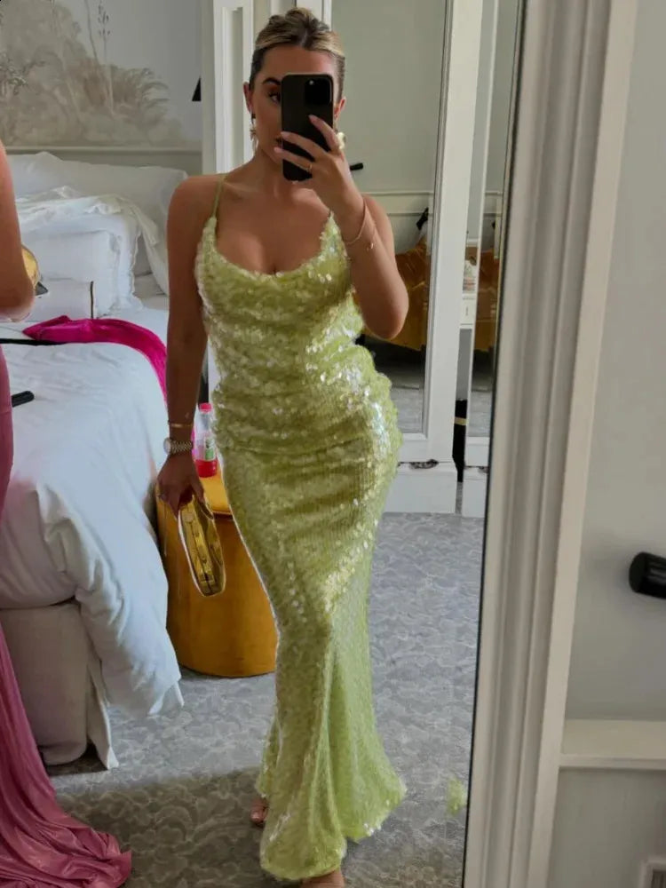 Charming Mermaid Spaghetti Straps Sequin Long Prom Dress Evening Dress DP1721