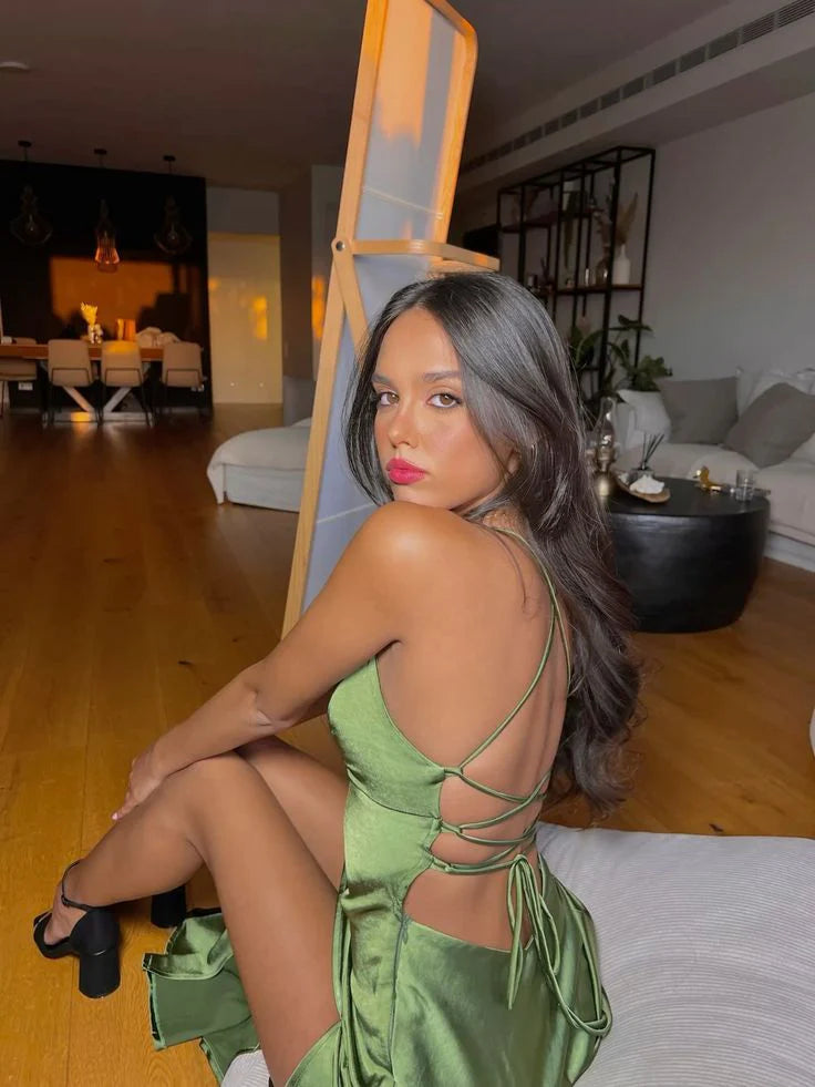 Charming Mermaid Spaghetti Straps V Neck Green Satin Slit Long Prom Dress Evening Dress DP1722