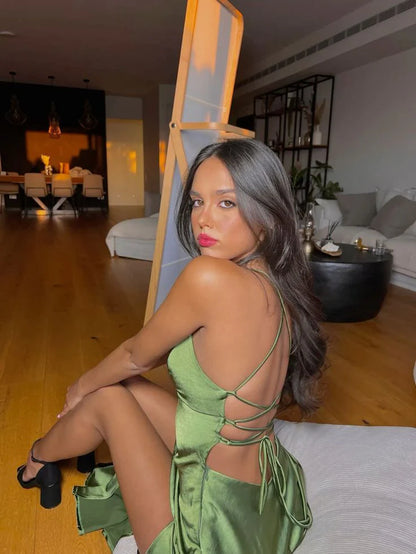 Charming Mermaid Spaghetti Straps V Neck Green Satin Slit Long Prom Dress Evening Dress DP1722