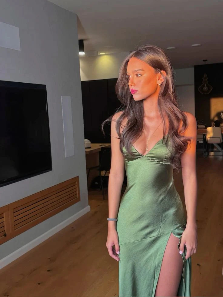 Charming Mermaid Spaghetti Straps V Neck Green Satin Slit Long Prom Dress Evening Dress DP1722