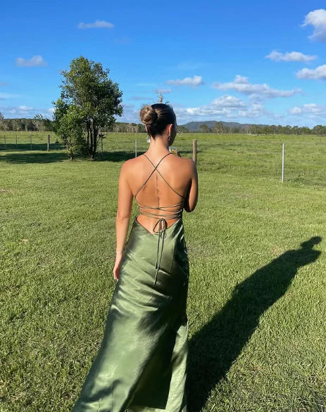 Charming Mermaid Spaghetti Straps V Neck Green Satin Slit Long Prom Dress Evening Dress DP1722