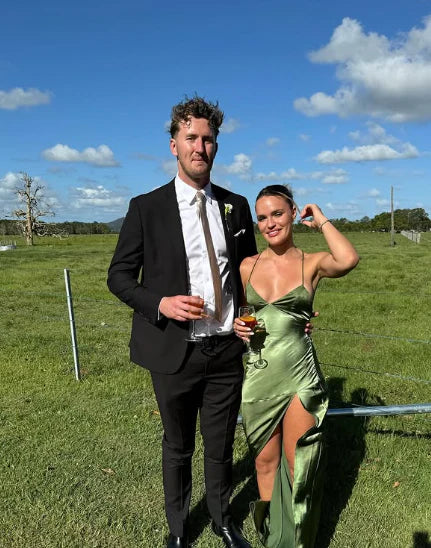 Charming Mermaid Spaghetti Straps V Neck Green Satin Slit Long Prom Dress Evening Dress DP1722