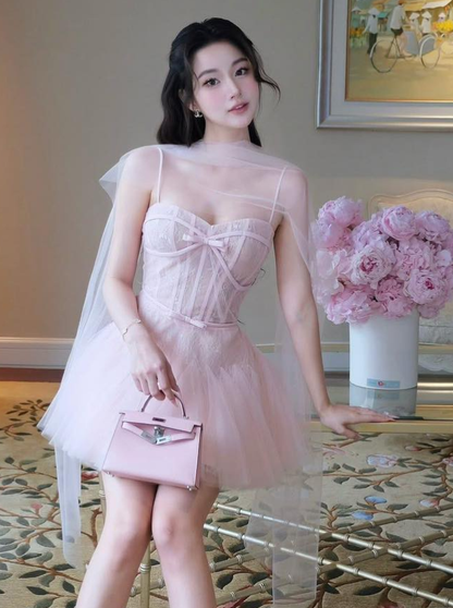 Pink Princess A Line Spaghetti Straps Lace Tulle Short Homecoming Dress Cocktail Dress DP3942