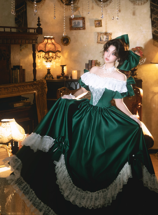 Classic Ball Gown Off the Shoulder Lace Green Satin Prom Dress 16th Birthday Dress DP3567