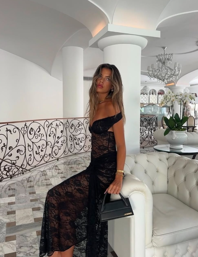 Sexy Mermaid Off the Shoulder Black Lace Prom Dress Evening Dress DP1595